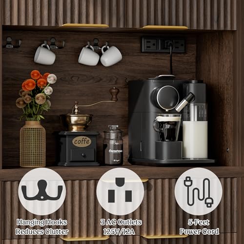 Image of Lulive 71 inch Fluted Pantry Cabinet with Charging Station, Brown | Adjustable Shelves, Open Countertop, Drawer, Spacious Kitchen Storage