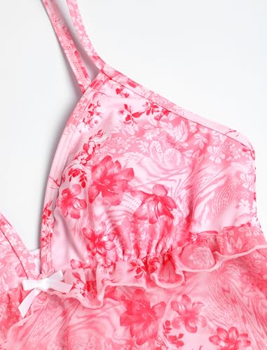 Image of ZAFUL Women's V Neck Mesh Ruffle Floral Tummy Control Bikini Swimsuit | Ajustable Straps, Sexy Plunging Neck, Relaxed Tummy Control Tank Top, High Cut Bikini Bottom, 2 Piece Bathing Suit