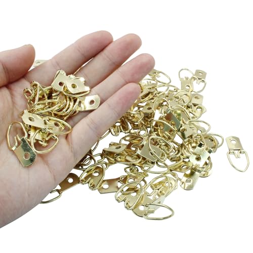 Image of 100 Pcs D Ring Picture Hangers 31mm /1.22 Inch D Ring Picture Hooks 1 Hole Metal Hooks with Screws for Hanging Mirror, Clock, Decoration and Paintings (Gold)