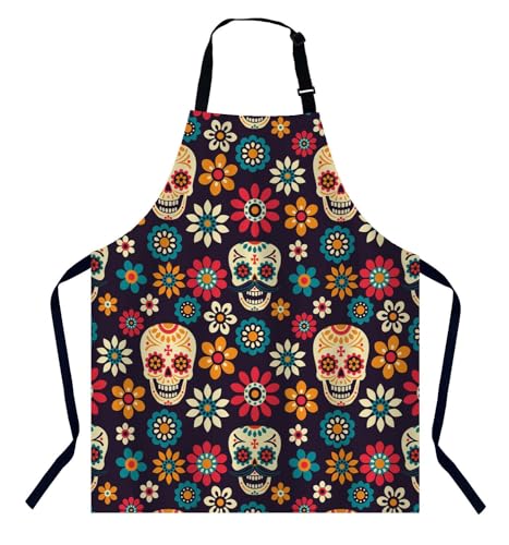BGBDEIA Mexican Sugar Skull Floral Apron for Women & Men, Adjustable Chef Apron for Cooking & Baking