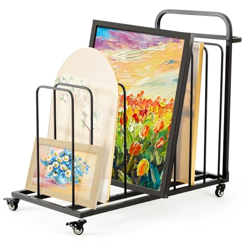 Image of Landhoow Art Canvas Storage Rack, Adjustable Metal Art Drying Painting Rack Black Painting Storage Easel Display Stands with Caster Wheels and Handle for Canvas Boards, Panels, Frames, Crafts Drying