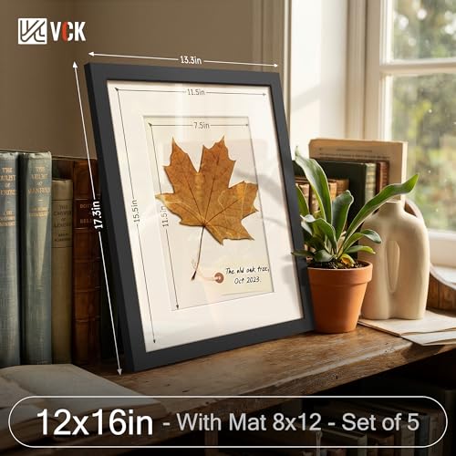 Image of VCK 12x16 Frame 5 Pack, Black Wood, 8x12 Mat, Glass, for Picture Prints