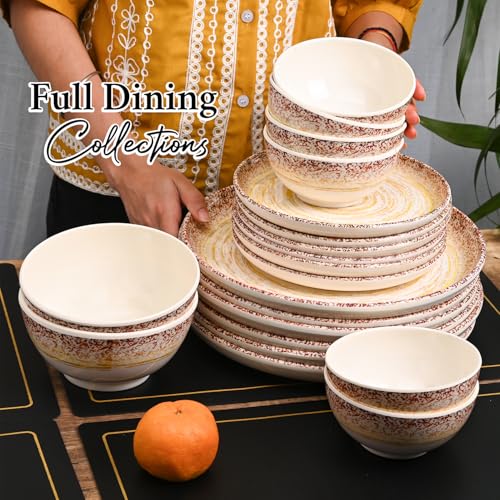Image of MARKET 99 Cream Spiral Melamine Dinner Set 20 Pieces, Glossy Round Dinnerware with 6 Full Plates, 6 Quarter Plates, 6 Soup Bowls & 2 Serving Bowls, Food Safe & Refrigerator Safe
