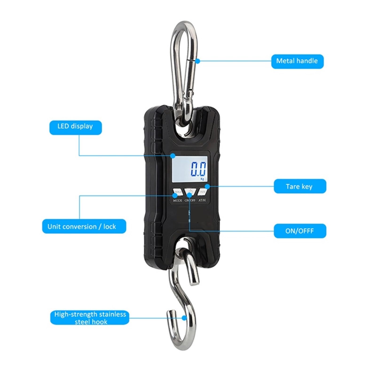 SGeneE Portable Digital Crane Scale 500kg/100g Crane Scale 0.2kg-500kg Industrial Heavy Duty Hanging Scale LCD Digital Electronic Scale with Stainless Steel Hook