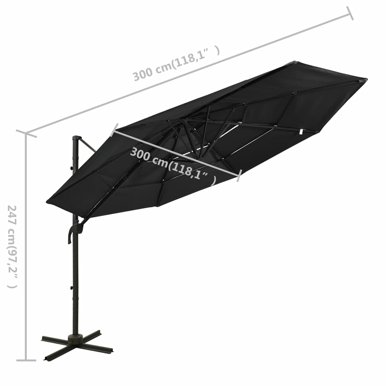 Catherinol Sombrilla de 4 niveles con poste, Parasol Terraza, Sombrilla Terraza Exterior, Sombrilla Jardin, Parasol Jardin, Sombrilla Playa, Parasol Excentrico, de aluminio negra 3x3 m