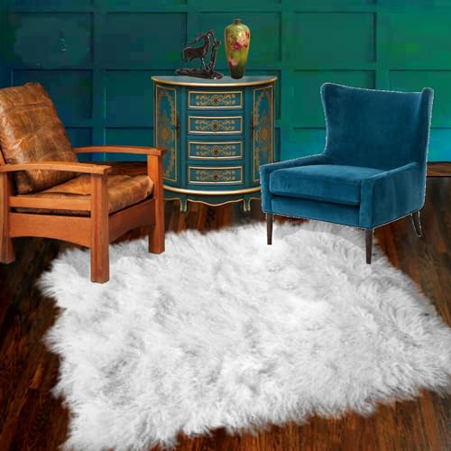 Fur Accents White Plush Area Rug - Ivory White Carpet - Warm Soft Faux Fur, Faux Sheepskin - Rectangle, Living Room, Bedroom, Nursery, Kid Safe and Pet Friendly, Handmade