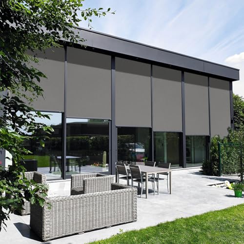 ZSHINE Hard-Wired Outdoor Snow Blocking Weatherproof Motorized Patio Roller Shades Remote Control for Porch Balcony Customized Size (Light Grey 1% Openness) 1% Openness Light Grey