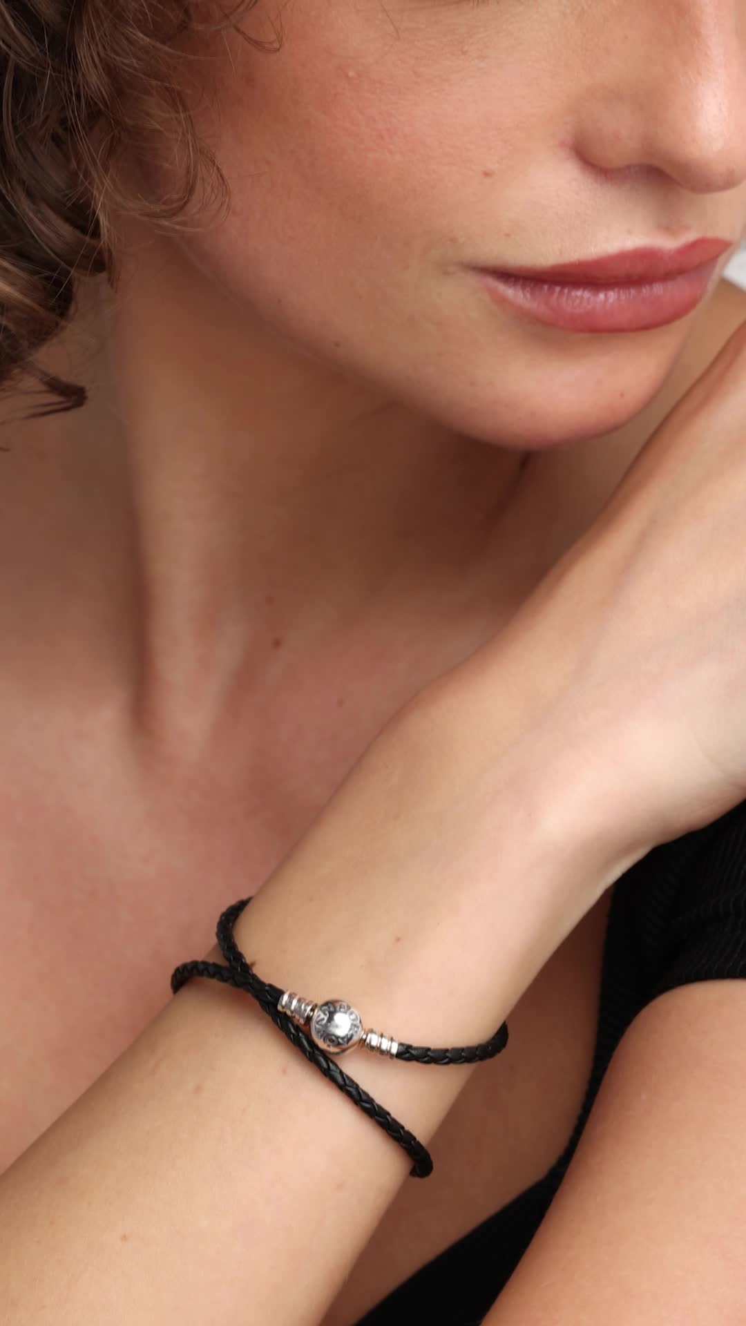 PANDORA Women's Silver leather bracelet, double, black - 590745CBK
