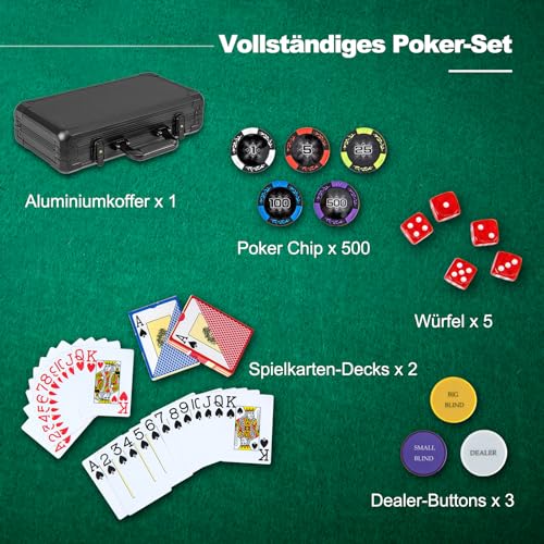 DREAMADE Aluminium Pokerkoffer mit 300 nummerierten Laser Poker Chips/ 2 Pokerkarten Set/ 5 Würfel/ 3 Dealer-Buttons, Pokerspiel, Poker Komplett Set Pokerset Profi Texas Hold'em (300 Chips) – Bild 3