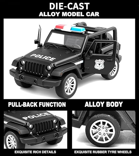 Image of VGRASSP 1:32 Scale Mini Die Cast Open Roof SUV Police Car Toy for Kids with Pull Back Action - Off-Road Scale Model with Rubber Tires, Realistic Design Openable Doors - Color As Per Stock