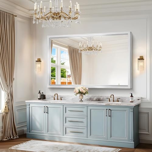 Image of 60 inchx40 inch Brushed Silver Bathroom Mirror, Large Rectangular Mirror for Wall, 0.6 inch Thickened Deep Frame Mirrors for Bathroom Sink, Shatterproof Tempered Glass, Antirust, Horizontally or Vertically