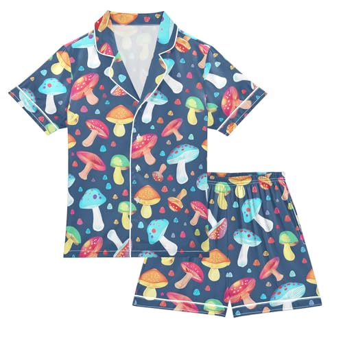 ALAZA Colorful Mushroom Blue Pajamas Satin Pajama Set Short Sleeve Button Down Sleepwear