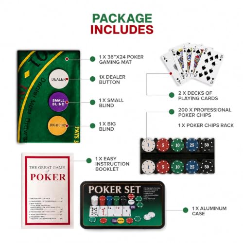 Image of Adult Casino Style Poker Chips Set | 200 Pcs Chips with Tin Case, 2 Decks of Cards, Dealer Button, Big & Small Blind Buttons and 36 inch x 24 inch Playing Mat | Classic Multiplayer Poker Game