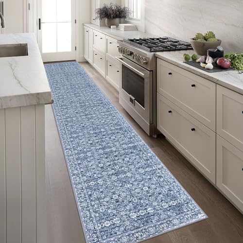 2.6x16 Blue Washable Runner Rug for Kitchen, Soft Classic Runners with Non-Slip, Non-Shedding Distressed Floral Rug for Hallways Entryway Bedroom Bathroom Laundry Indoor