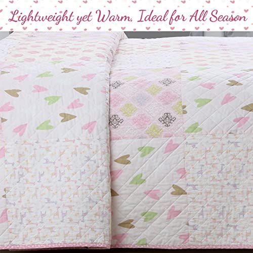 Cozy Line Home Fashions Pink Blue Green Heart Polka Dots Girl 100% Cotton Reversible Quilt Bedding Set, All-Season Coverlet, Bedspreads (Helaine Patchwork, Twin-2 Piece)