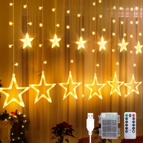 CNMTCCO Luces navideñas de interior, 12 luces en forma de estrella, 2,5 m x 1 m luces navideñas con 8 funciones, temporizador, USB y caja de batería (Blanco Cálido)