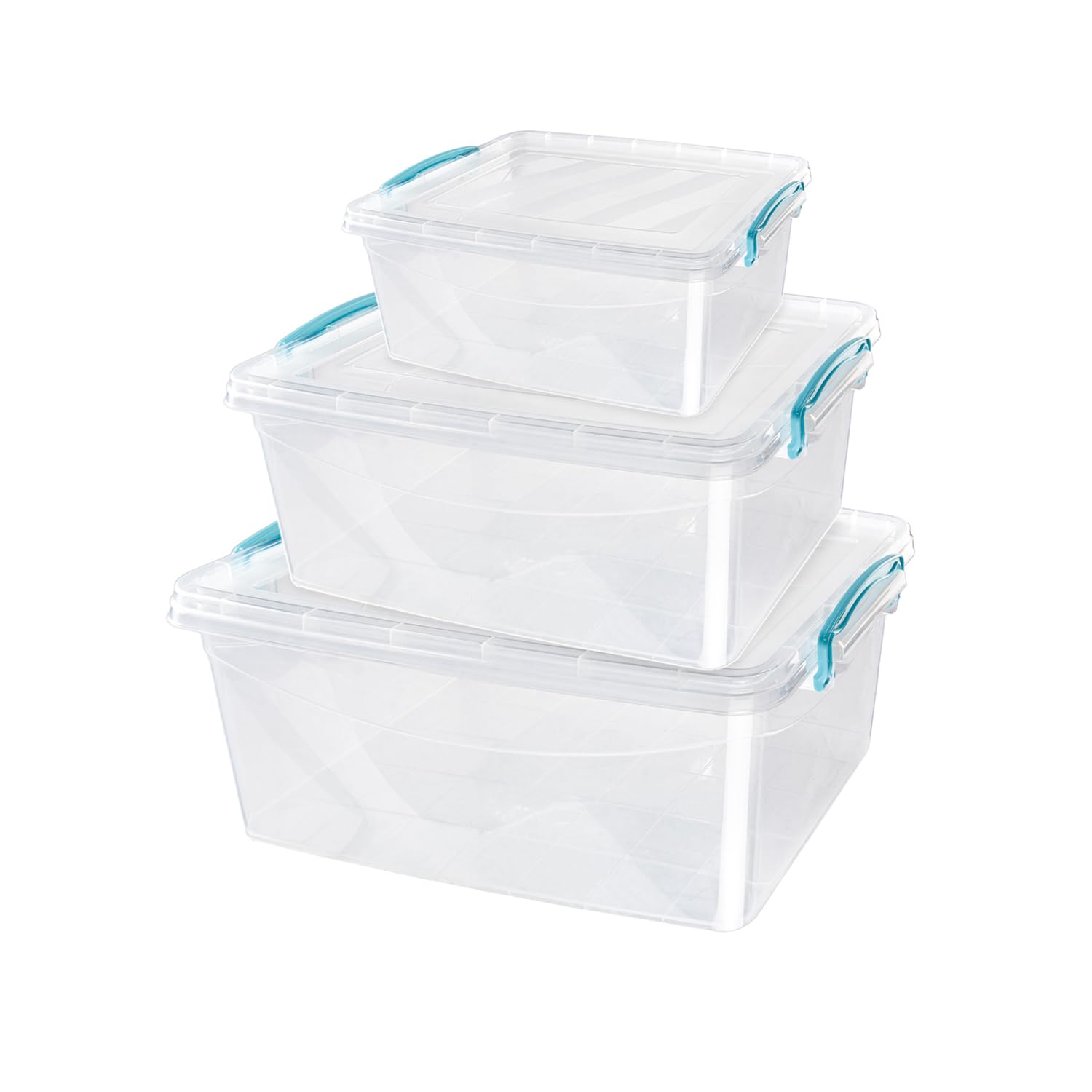 JVL Plastic Food Storage Box Set - 3 Piece Clip Lidded Containers - Stackable & Nestable - 1.6L, 3L, 5L - Clear
