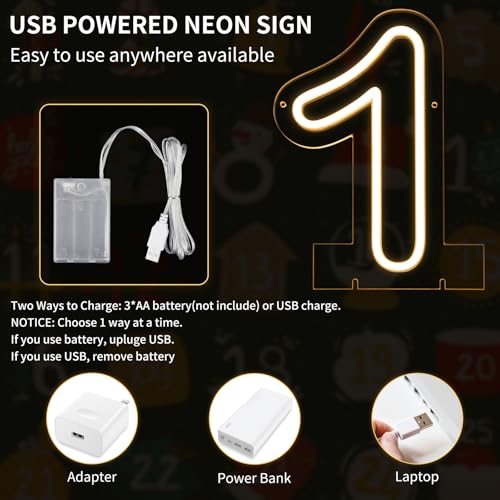 Image of Number 1 LED Neon Sign Backdrop Birthday Party Decoration, 11.3 inch Height Warm White Marquee Number Light Up Sign for Wedding Anniversary Window Wall Table, Indoor Battery Operated or USB