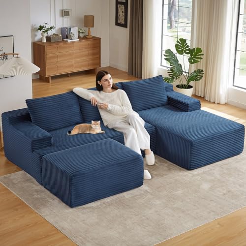 Image of 96.1 inch Modular Sectional Sofa with Ottoman, Modern Corduroy Cloud Couch, Boneless Couch Upholstered 3-Seater U-Shaped Sofa for Living Room, No Assembly (Blue, Right-Facing Chaise)
