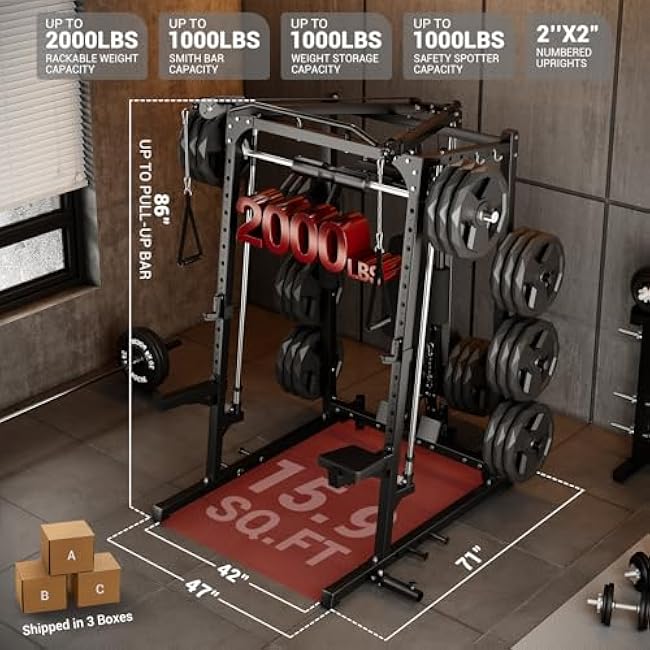 Smith Machine, 2000LBS Squat Rack for Home Gym, Multi-Function Power Cage Cable Crossover System Strength Training Equipment, Lat Pulldown Machines with 8 Weight Storage Pin, T-Bar and More
