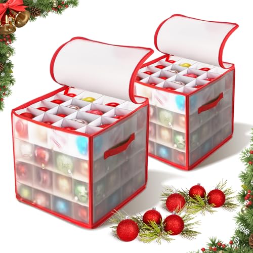 BARVERE Caja Navidad, 2 Piezas Caja Almacenaje para Bolas de Navidad, 2 x 64 Compartimientos, Caja Almacenaje para Decoración Navideña para Guardar 2 x 64 Bolas de Navidad