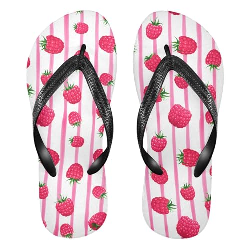 Raspberries Stripe Pink Flip Flops for Beach Thong Sandals Anti-slip Lightweight Shower Shoes for Travel Summer Outdoor