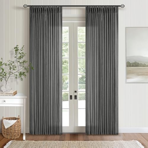 Image of Charcoal Grey 84 Inch Pinch Pleated Linen Semi Sheer Curtains 2 Panel Set | for Living Room Dining Bedroom, Thick Linen Textured Drapes, Light Filtering, Pinch Pleat with Back Tab, Dark Slate Grey
