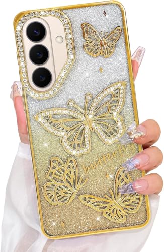 Image of Elzzi Electroplated Butterfly Phone Cover for Samsung S26 Plus Case, Showcasing Pearlescent Diamond Soft TPU, Camera Protection, Shockproof, Dropresistant Stylish for Girls & Women (Gold)
