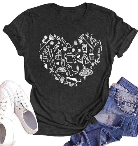 Garden Shirts for Women Plant Love Heart Graphic Shirt Farmer Short Sleeve Gardener Gift Plant Tee Tops(Grey,Small)