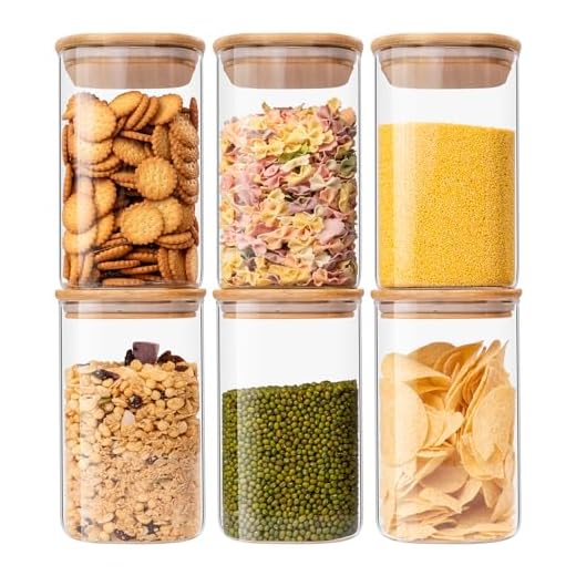 Liuruiyu Glass Food Storage Jars 37 oz Set of 6,Glass Storage Containers Clear Glass Food Canister with Bamboo Lid Airtight For Serving Tea,Coffee,Flour,Sugar,Candy,Cookie,Spice and More (Square)