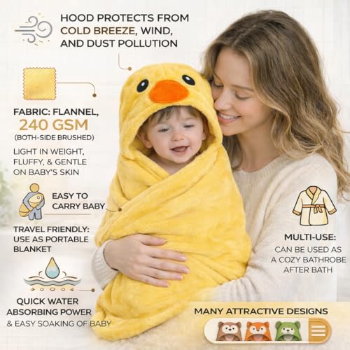 Image of First Kick New Born Baby Blanket Pack of Super Soft Bathrobe Wrapper Bath Towel for Boys, Girls, Babies (Yellow Duck, Length 82 cm x Width 82 cm, 0-12 Months)