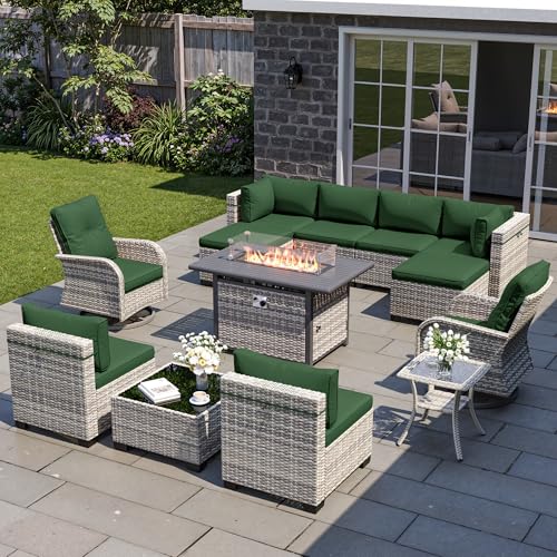 Image of 13-Piece Patio Furniture Set, Outdoor Patio Furniture with Swivel Chairs Set, Ottomans, 55,000 BTU Fire Pit Table, Modular Patio Sofa, Dual-Strand Wicker Rattan, Rust-Resistant Frame, Dark Green