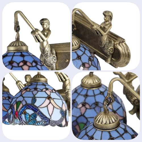 Image of Wall Sconce Vintage Style Stained Glass Bowl Wall Fixtures 2-Light Wall Light in Antique Brass with Mermaid for Bedroom Hallway Stairway Balcony