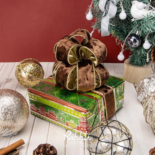 Image of Ribbli Brown Velvet Wired Ribbon 1.5 Inch Metallic Brown Gold Crushed Velvet Christmas Ribbon for Gift Wrapping Christmas Tree Decoration Crafts Wreaths Supplies-Continuous 10 Yards