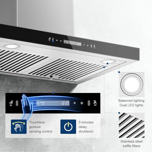 Image of Wall Mount Range Hood 30 inch 600 CFM T Shape with Gesture & Touch Control, Kitchen Vent Hood Ducted /Ductless Convertible, Exhaust Fan 3-speed Stove Hood, Baffle Grease Filter, Stainless Steel