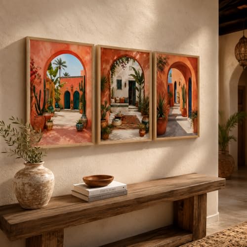 Image of Livin'luxe Set of 3 Mediterranean Arch Courtyard Wall Paintings for Living Room Bedroom Hallway Decor with Premium Wooden Color Synthetic Frame (13.5 x 19.5 Inch) NM03-99