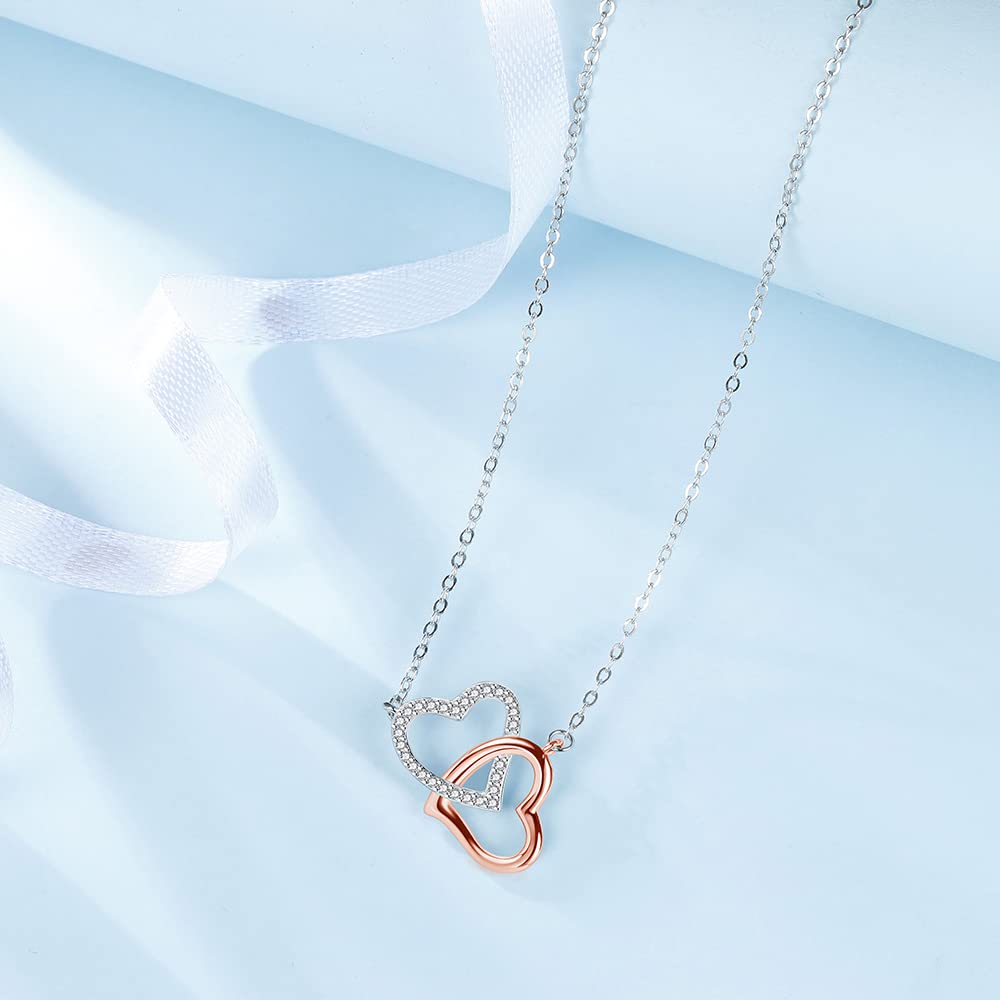 Collar de las Señoras de Plata Esterlina 925 Corazones Entrelazados Collar de las Señoras Colgante Para las Niñas las Mujeres con Caja de Joyería (plata y oro rosa)