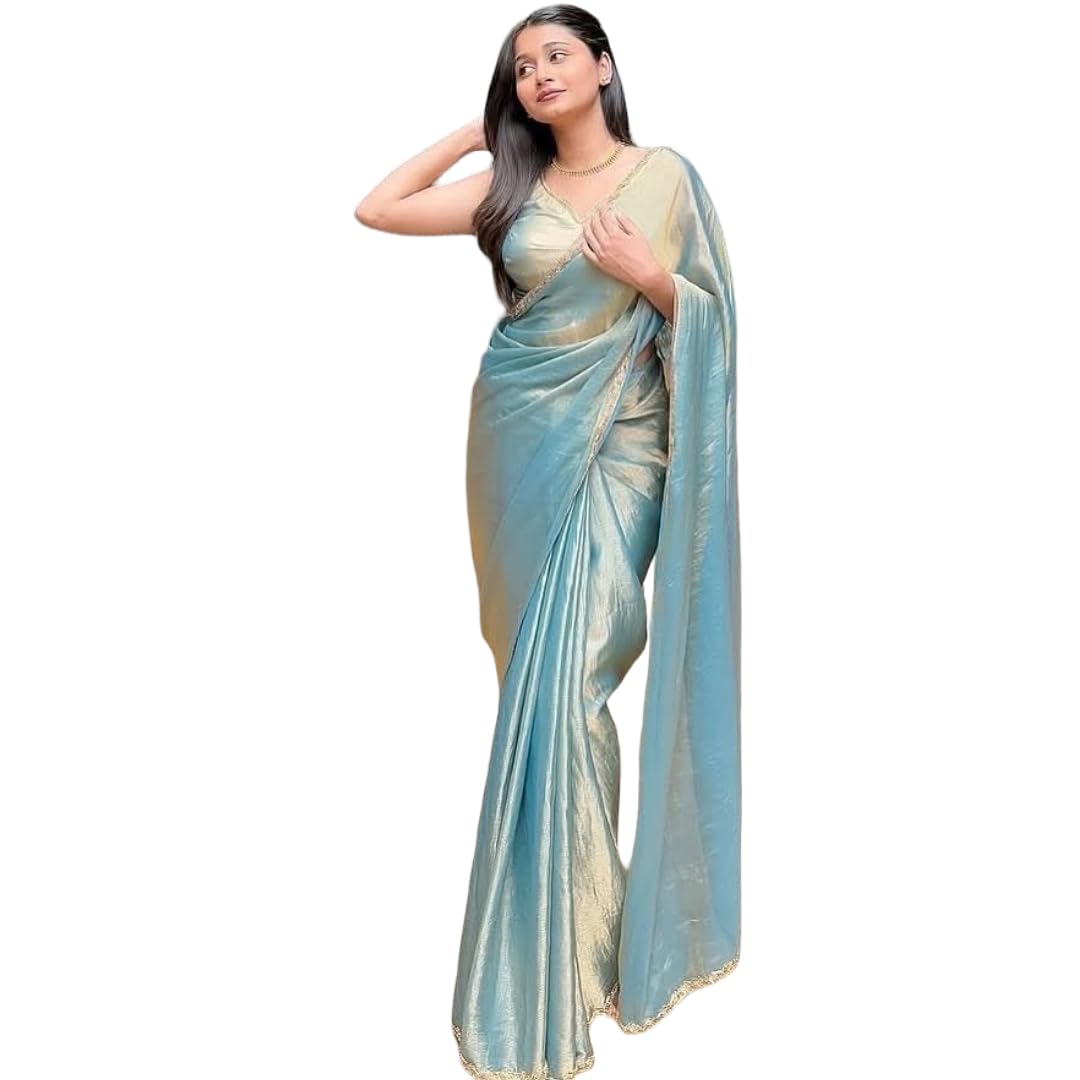 BE4ME.COM Trending Gold Two-Tone Fandy Silk Saree with Designer Border – Viral Insta Party Wear Sari (Sky Blue)