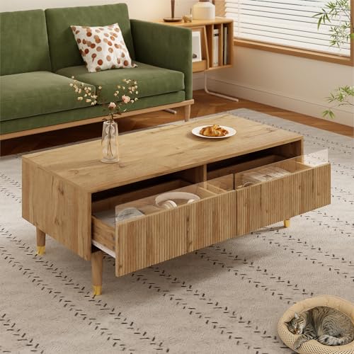 OKMYHOME Table Basse - Table Basse Moderne Brun avec LED Multicolores et Tiroirs, Table de Salon Design Ondulée avec Pieds Dorés Élégants