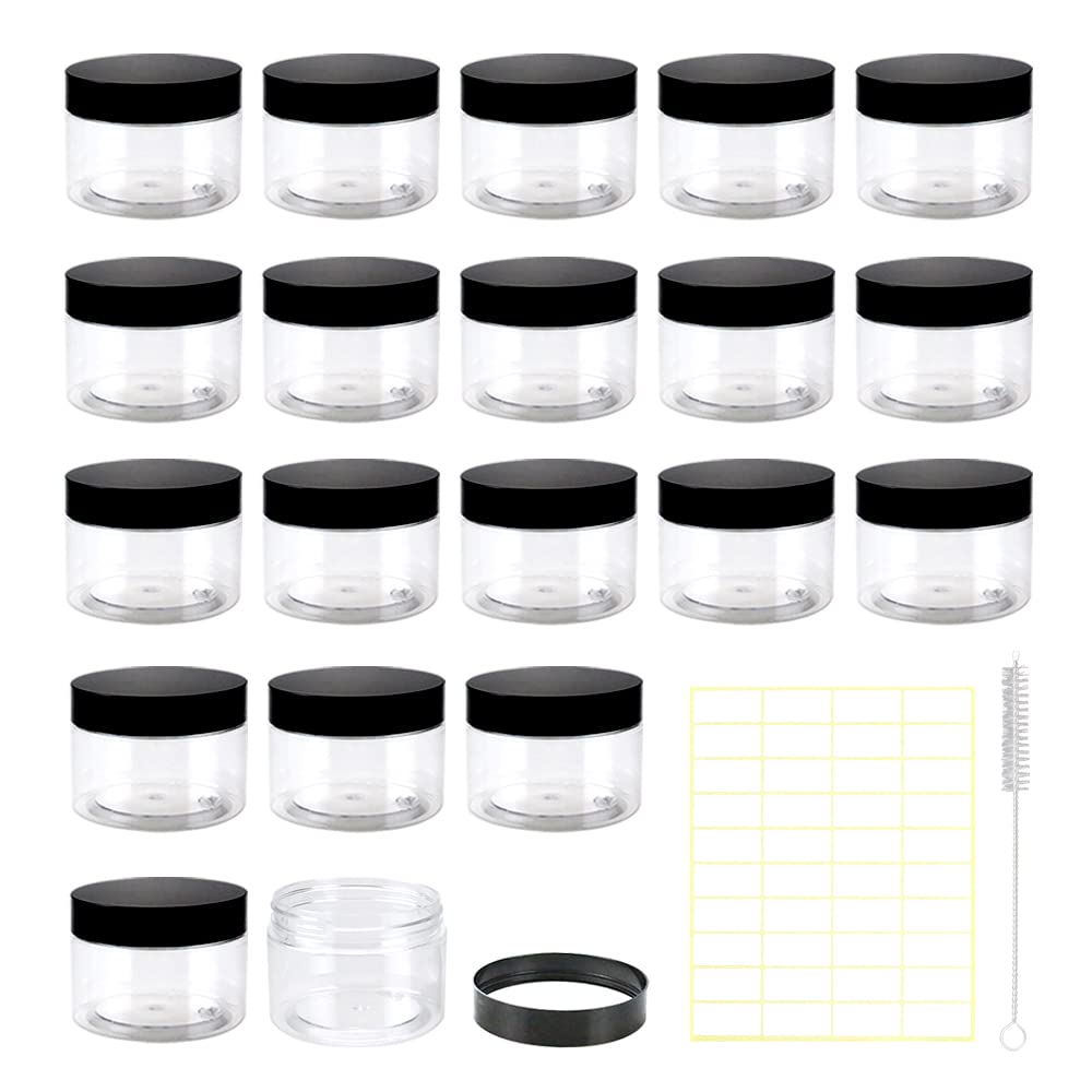 BiBiFly 120ml 20pcs Clear Plastic Round Jars with Black Lids, Leak-Proof Storage Jars Containers for DIY Crafts, Kitchen Use, Beauty Product and More