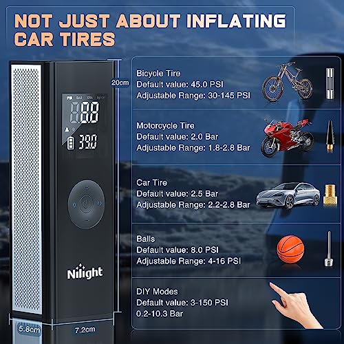Image of Nilight Tire Inflator Portable Air Compressor Battery Powered Rechargeable 12VDC 150PSI Cordless Tire Pump w /Digital Pressure Gauge 2X Faster Inflation Air Pump for Car Motorcycle