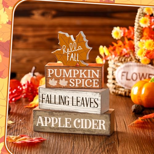 Image of Moucuny 4 Pcs Fall Decor Wooden Maple Leaf Decoration Thanksgiving Tiered Tray Decor Rustic Wooden Maple Leaf Block Sign Thanksgiving Table Centerpiece Farmhouse for Autumn Harvest Party Home Kitchen