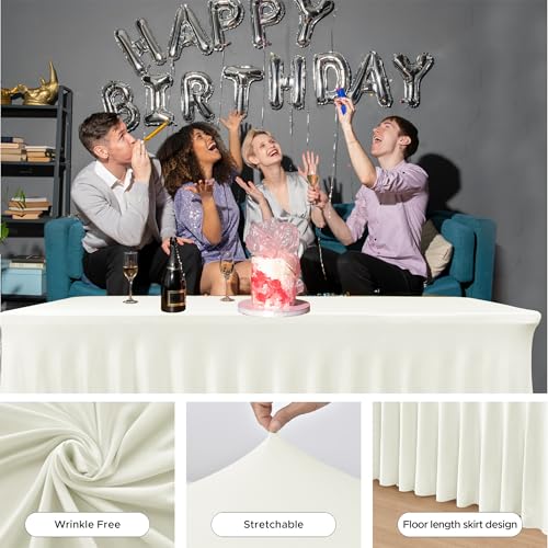Image of HolidayIdeas 6ft Spandex Table Skirts for Desert Table Fitted Stretch Tablecloth 30x72 Inch, Ruffle Design Wrinkle-Free Spandex Tablecloth for Parties, Weddings, Banquets Events, Beige,2 Pack