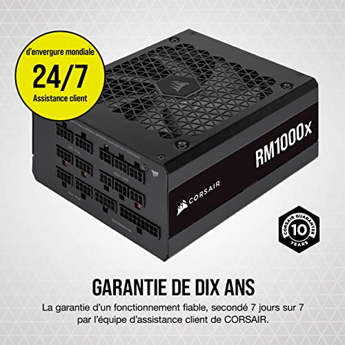 Corsair RM1000x 80 PLUS Gold 1000 Watts Bloc d’alimentation ATX Entièrement Modulaire (Ventilateur à Lévitation Magnétique de 135 mm, Grande Compatibilité, Condensateurs 105 °C Japonais) EU - Noir