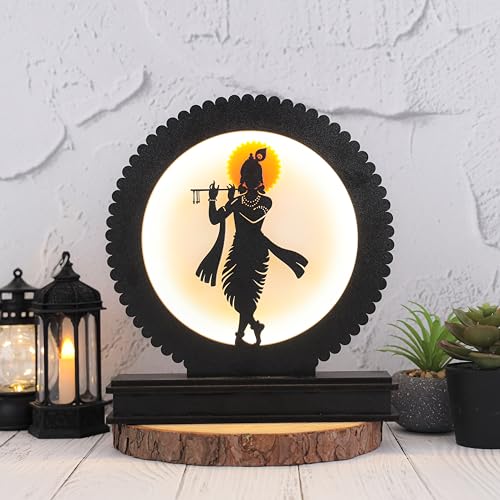 Image of Divine Krishna LED Backlit Lamp 8.25 inch MDF Wood & Acrylic Night Light with Power Adapter Spiritual Home Decor for Wall, Table, Gift Soothing Illumination for Peace & Harmony, Black