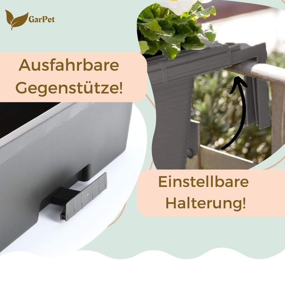 GarPet 4er Set Blumenkasten Balkongeländer Balkon Blumenkasten Balkonkasten mit Halterung Geländerkasten mit Wasserspeicher Rattan Optik Anthrazit 60 cm