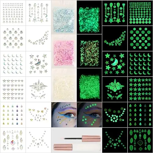 Noctilucent Face Gems, 12Pcs Luminous Face Jewels Rhinestones Stickers and 15g Chunky Glitter Glow In The Dark for Face Eye Glow Make up Festival Dress-up Face Jewelry Rave Accessories Party Supplies