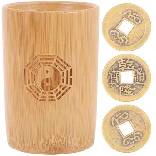 Operitacx Herramienta De Adivinación Budista con Monedas De I Ching Y Cubo De Bambú 4X2.8 Pulgadas para Juegos De Fortuna Y Decoración De Templo