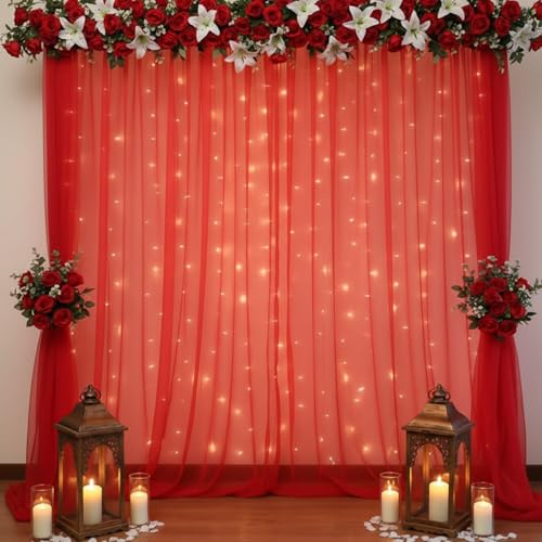 Image of Party Propz Red Backdrop Decoration - 3Pcs, Backdrop Cloth for Decoration Pooja, Pooja Background Decorations Items, Wedding and Haldi Decorations, Red Curtain for Anniversary Decor(Net Mix)