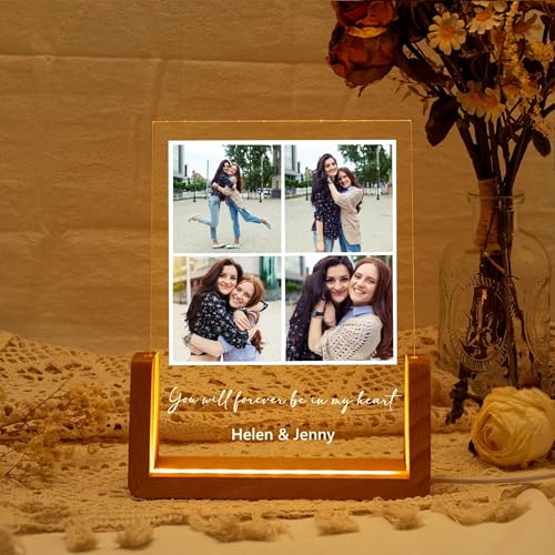 Image of Friendship Day Custom Photo Collage LED Lamp, Personalised Acrylic Night Light for Best Friends, Warm White, Wooden Base, Touch Control, Modern Style (Bestie 5)